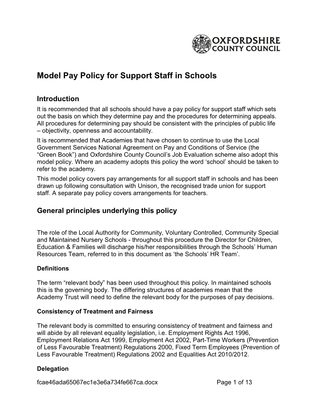Model Pay Policy for Support Staff in Schools