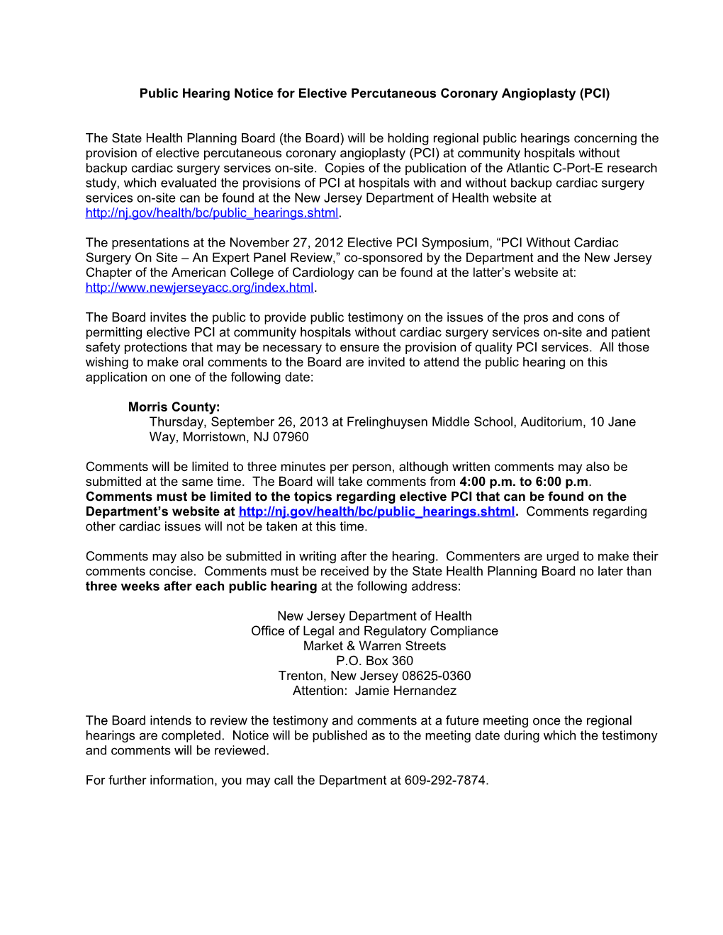 Public Hearing Notice for the Certificate of Need Application for the Closure of Inpatient