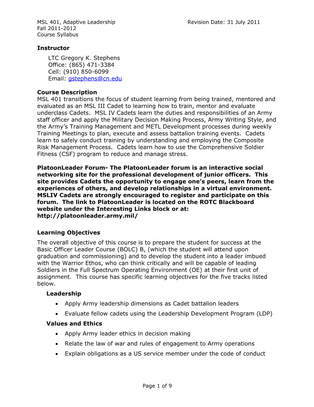 MSL 401, Adaptive Leadership Revision Date: 31 July 2011