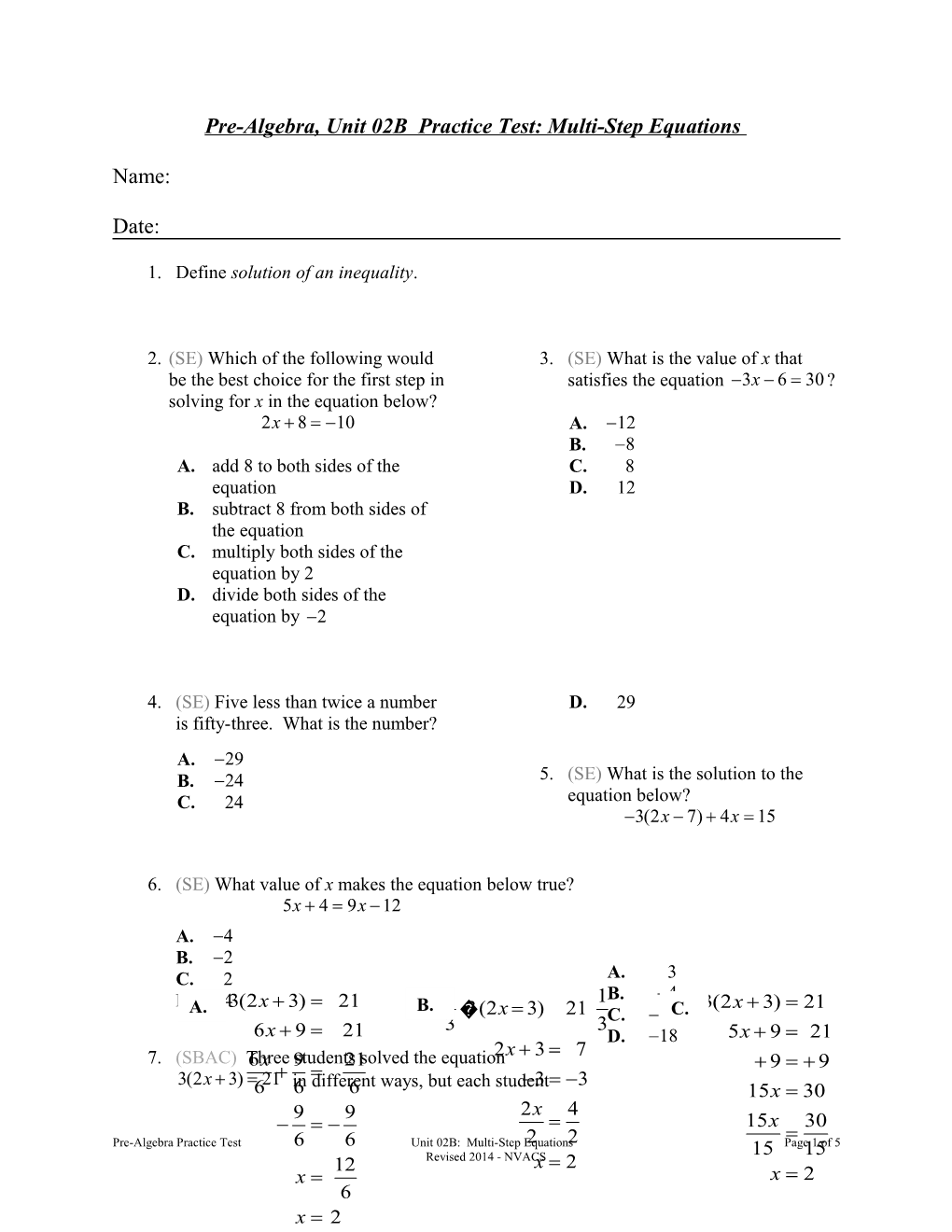 Pre-Algebra, Unit 02B Practice Test: Multi-Step Equations