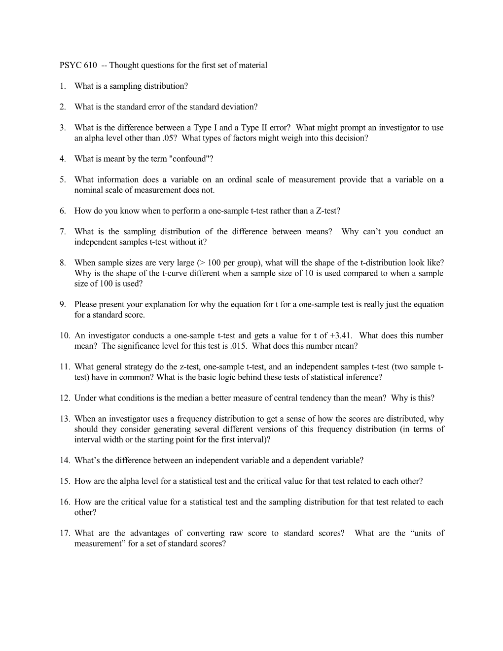 PSYC 610 Thought Questions for the First Set of Material