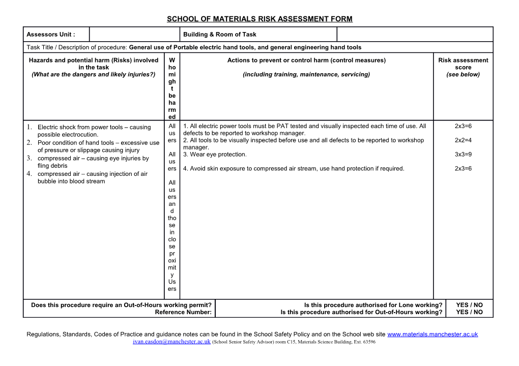 School of Materials Risk Assessment Form