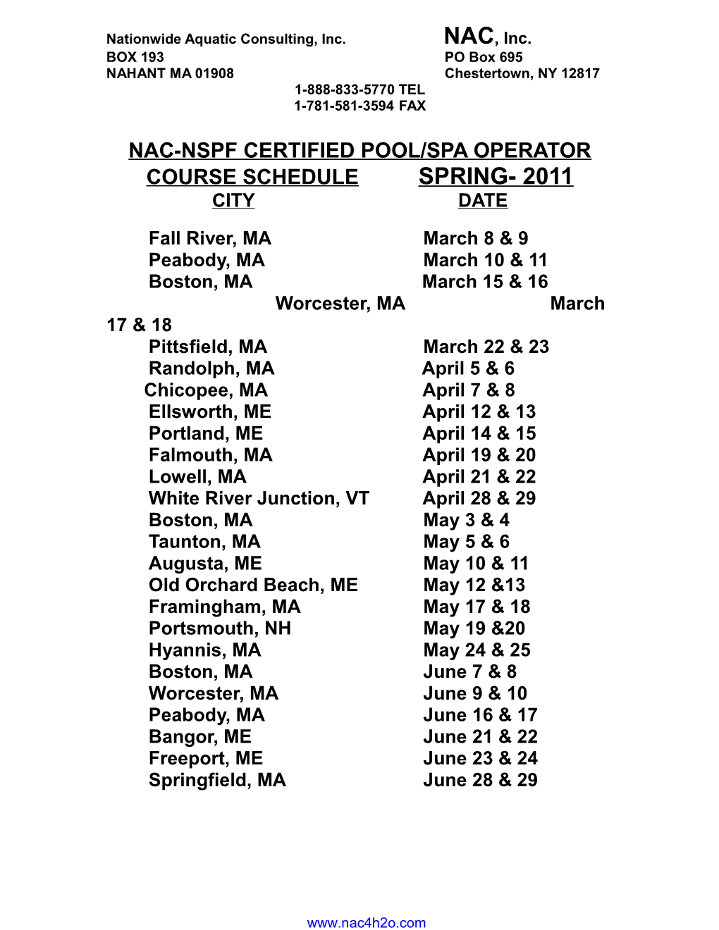 Nac-Nspf Certified Pool/Spa Operator Course Schedule