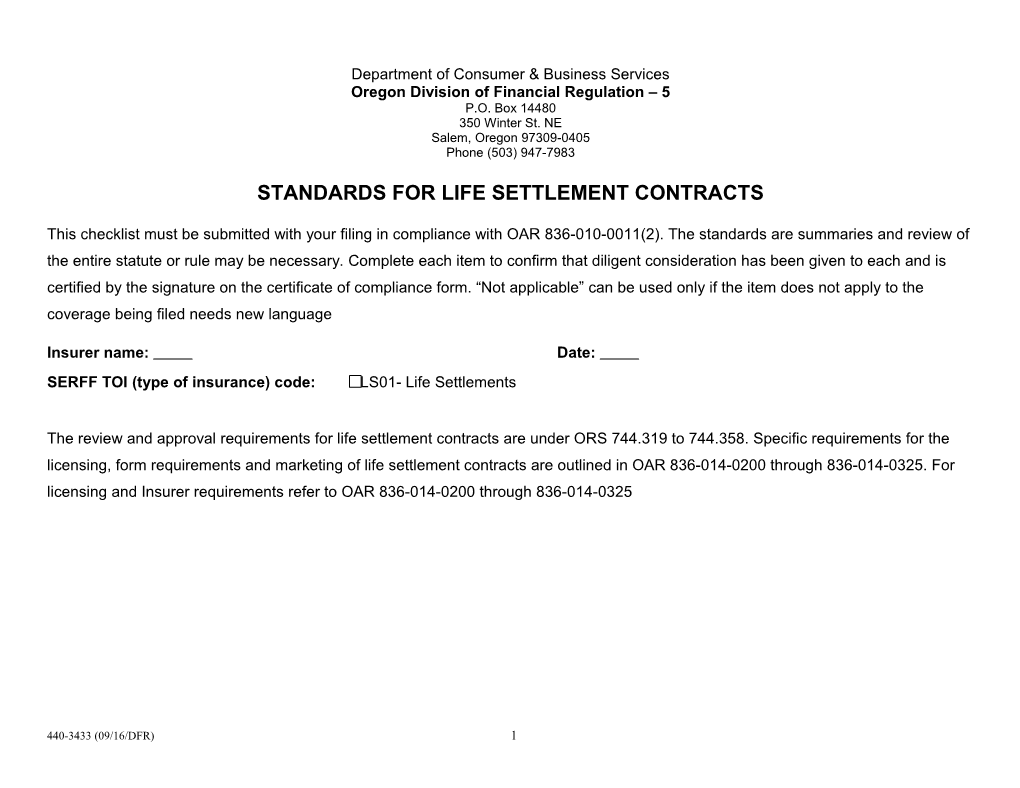Form 3433, Standards for Life Settlement Contracts, Form # 3433 Rev. 02/2010