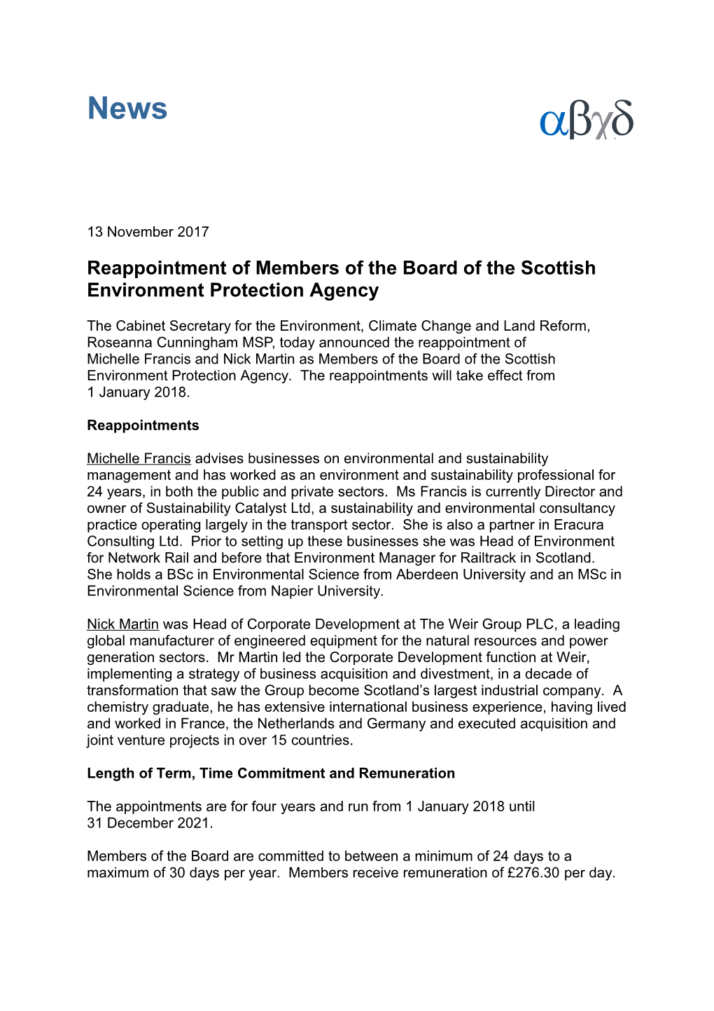 Reappointment of Members of the Board of the Scottish Environment Protection Agency