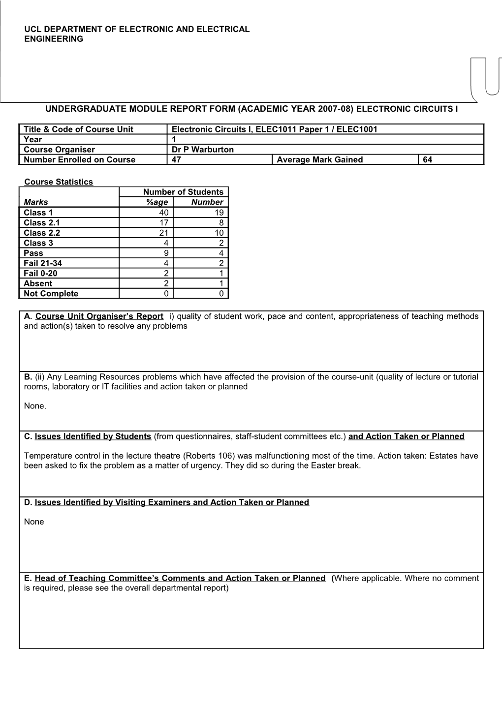 DEPARTMENT of BIOCHEMISTRY & MOLECULAR BIOLOGY Course Unit Report Form