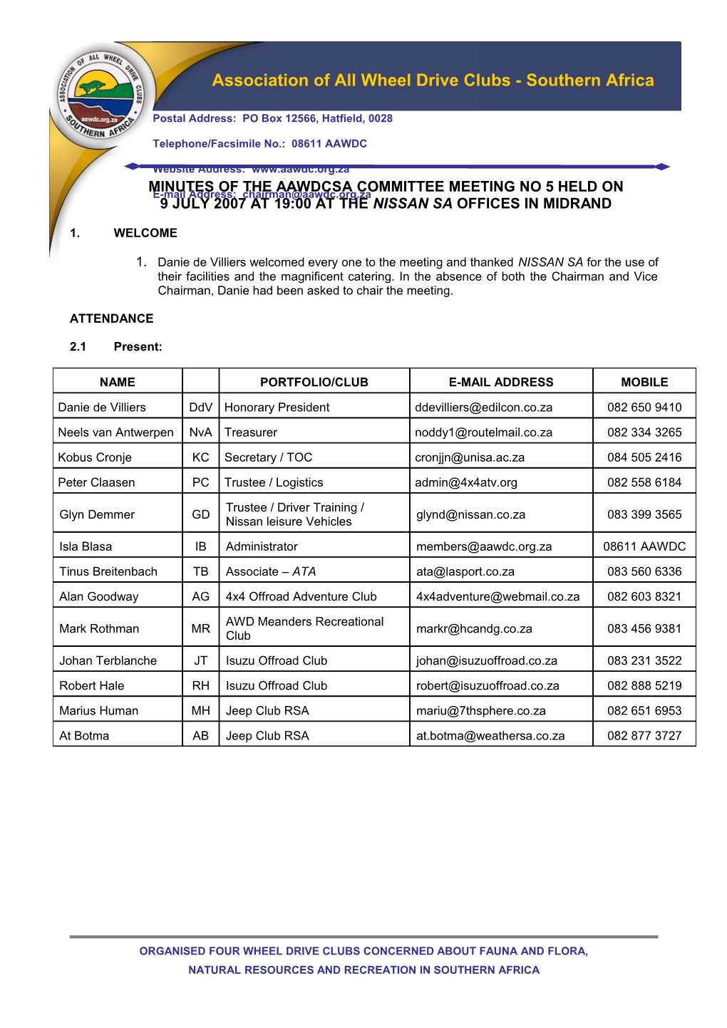 Minutes of the Aawdcsa Committee Meeting No 5 Held On