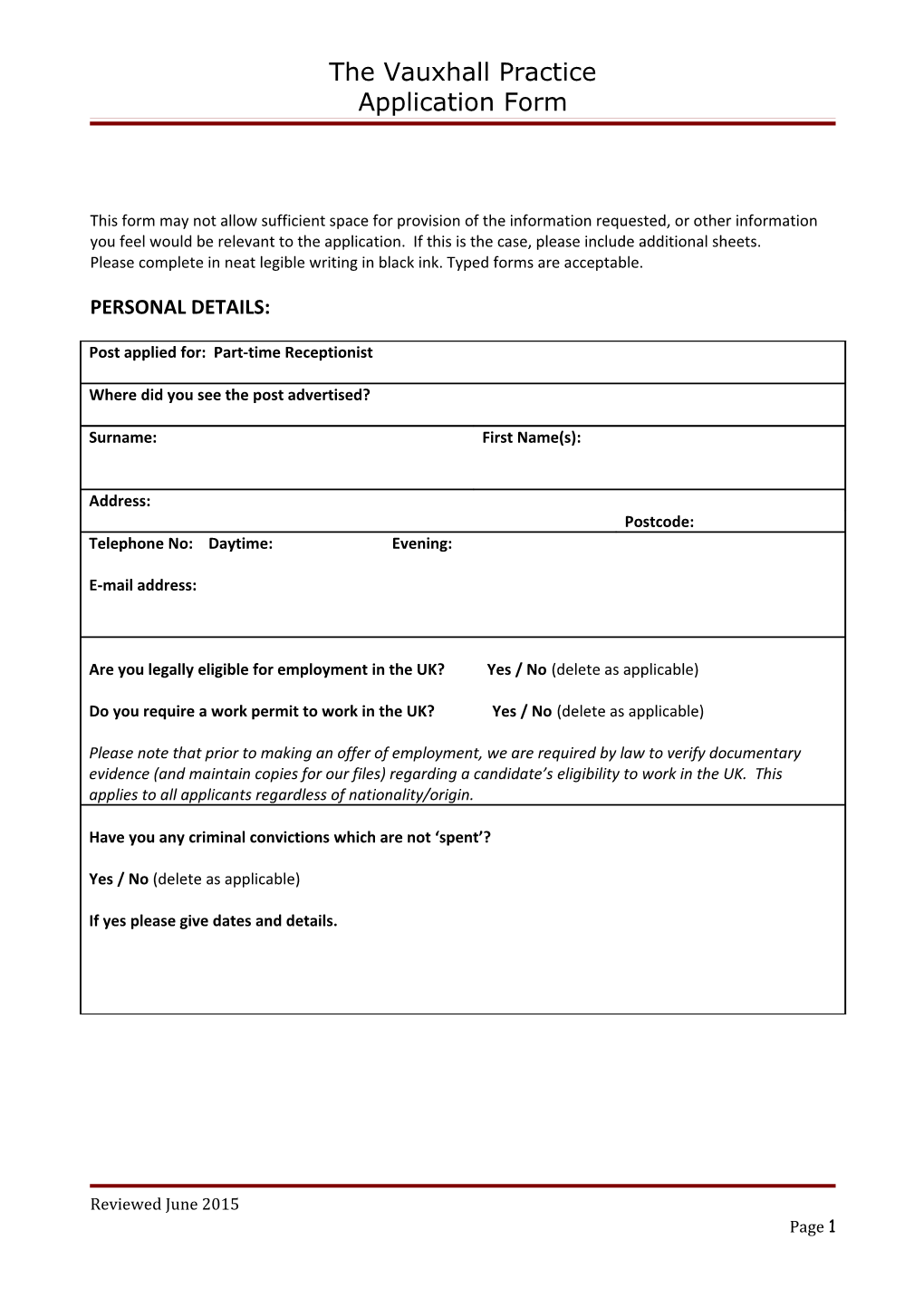 The Vauxhall Practice Application Form