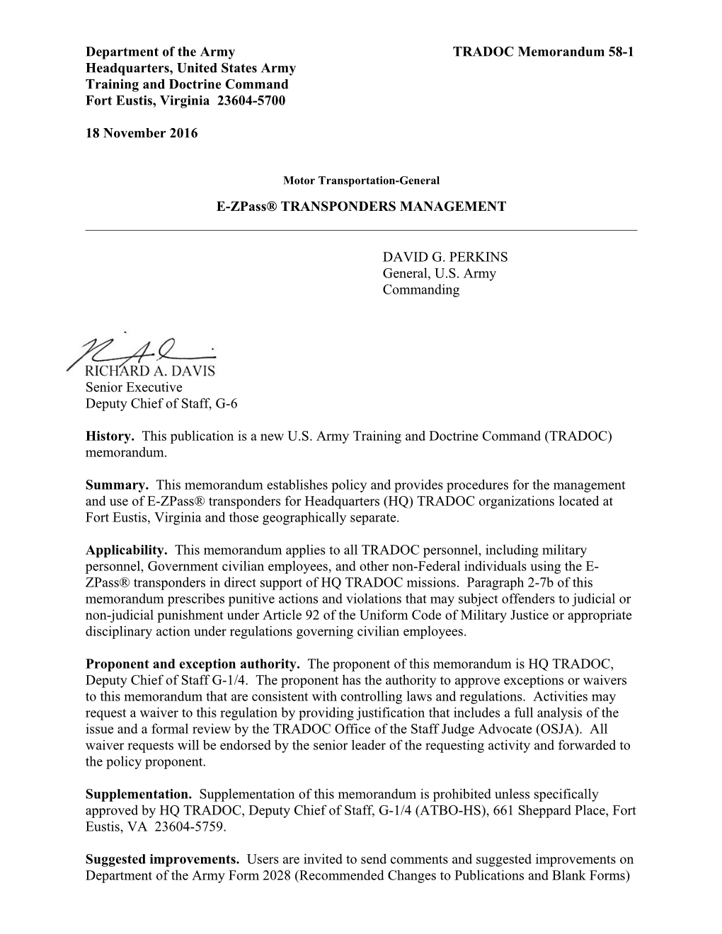 Department of the Army TRADOC Memorandum 58-1
