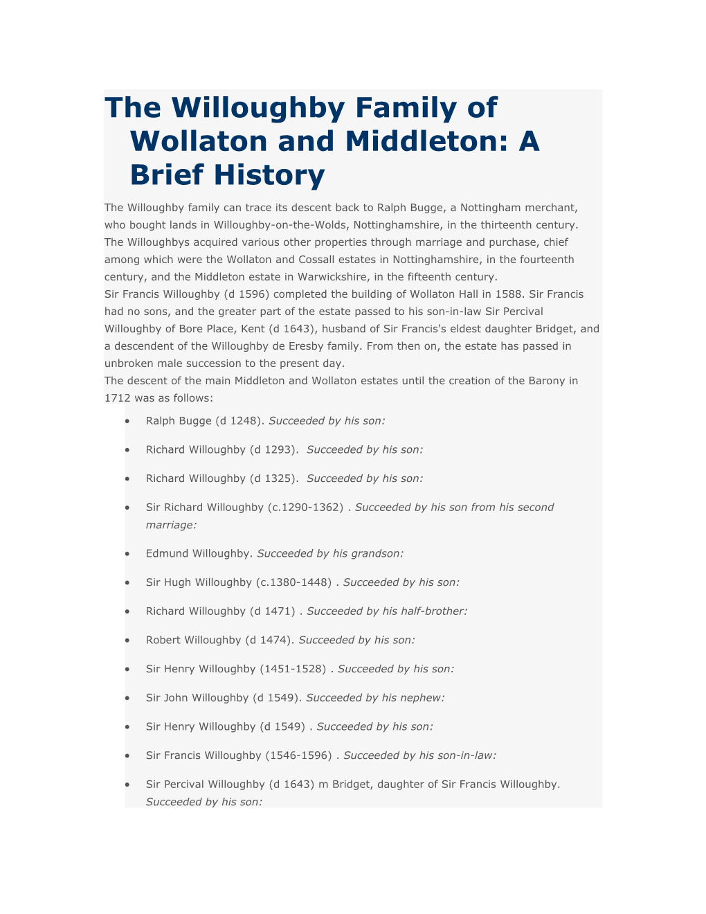 The Willoughby Family of Wollaton and Middleton: a Brief History