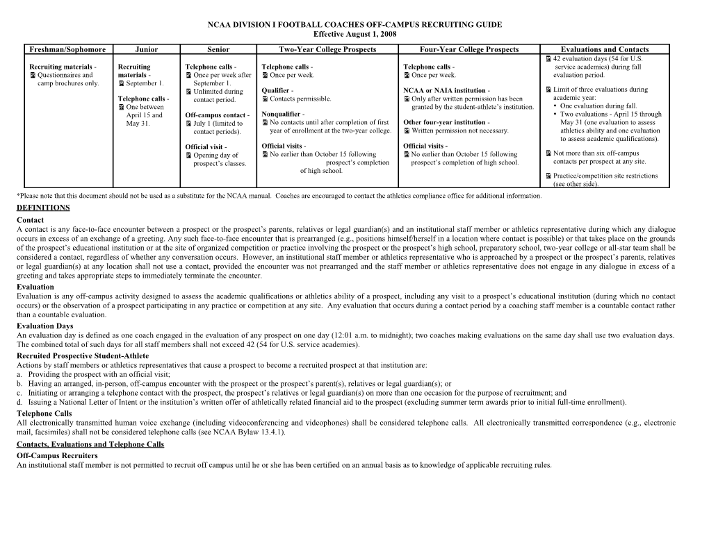 Ncaa Division I Football Coaches Off-Campus Recruiting Guide