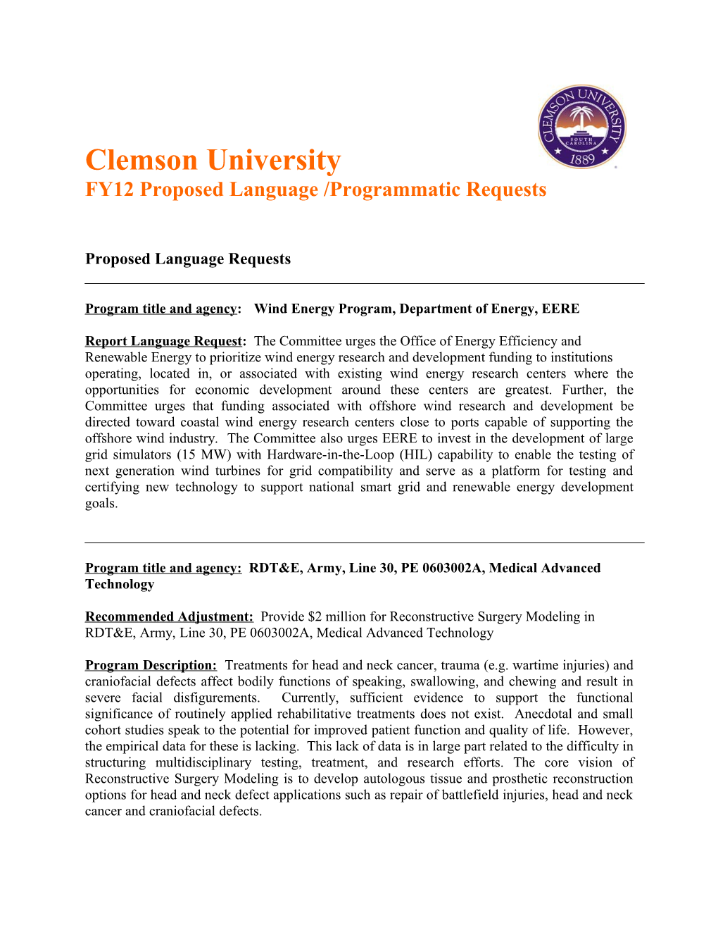 Clemson Fy2012 Program/Language Requests