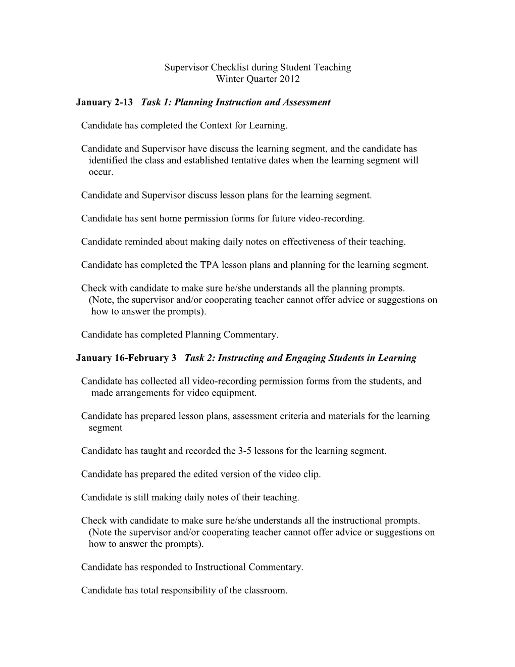 Supervisor Checklist During Student Teaching