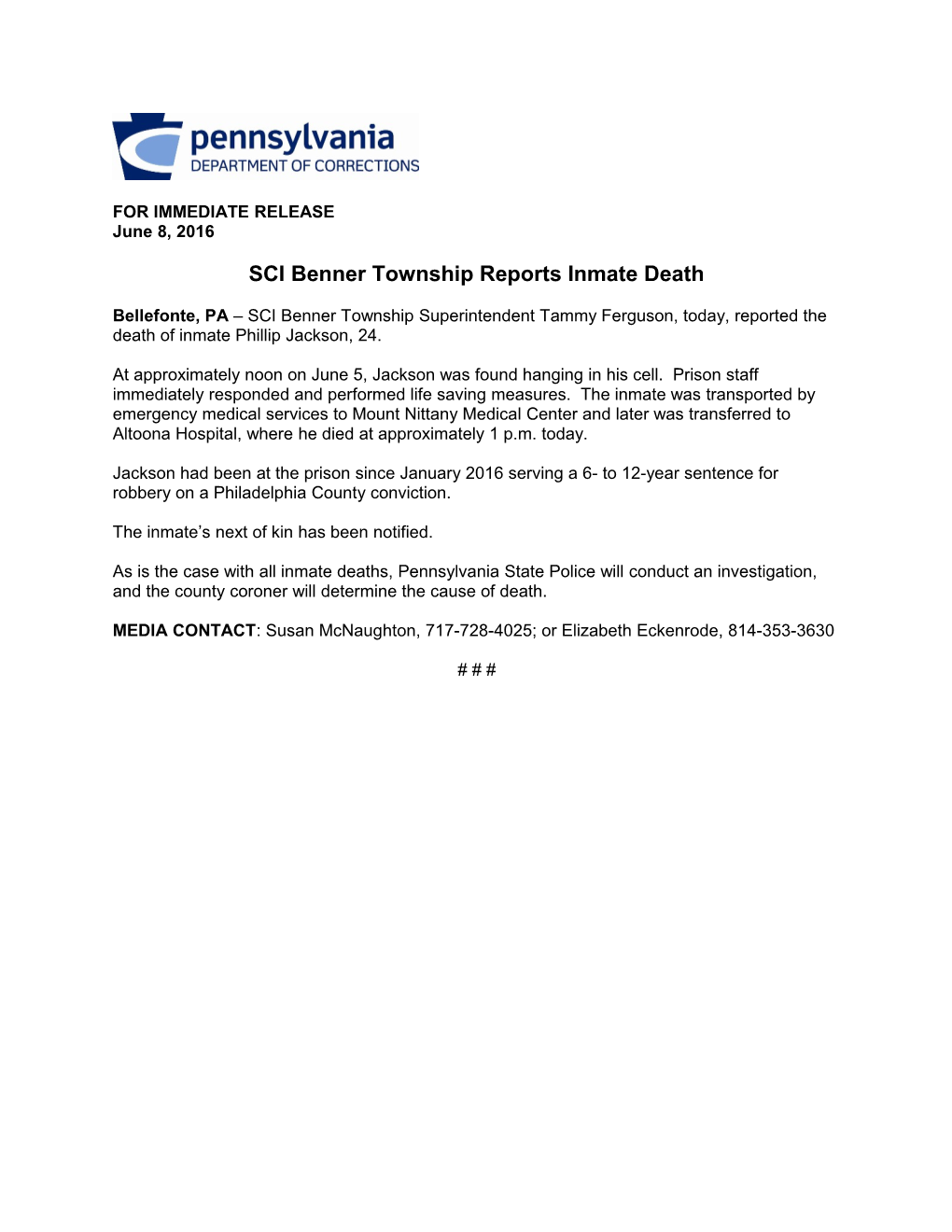 SCI Benner Township Reports Inmate Death
