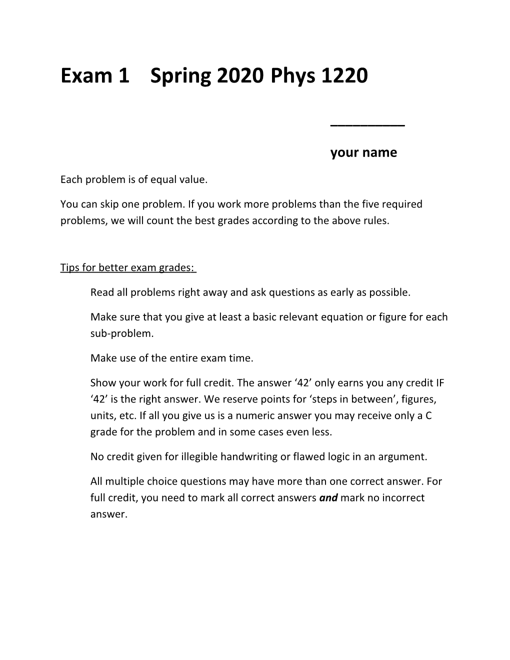 Exam 1 Spring 2020 Phys 1220