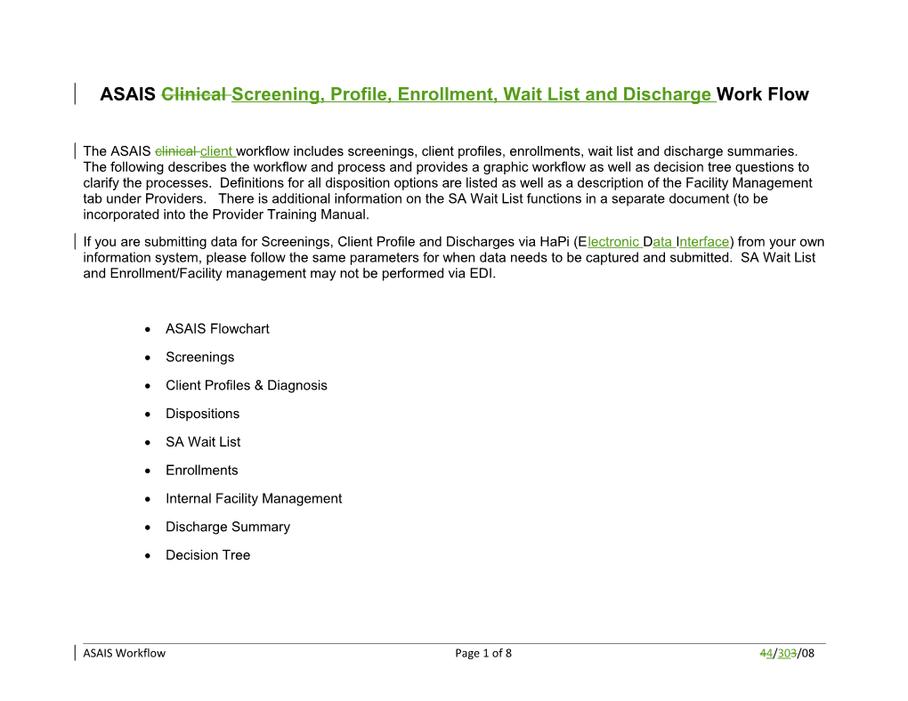 ASAIS Clinical Screening, Profile, Enrollment, Wait List and Discharge Work Flow