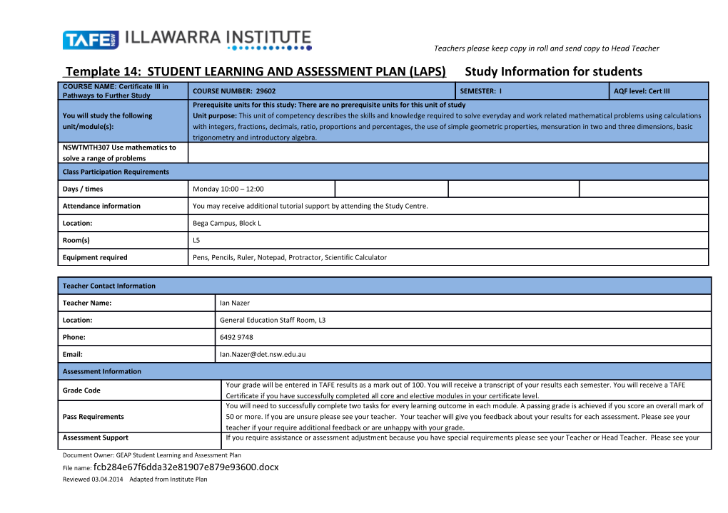 Template 14: STUDENT LEARNING and ASSESSMENT PLAN (LAPS) Study Information for Students