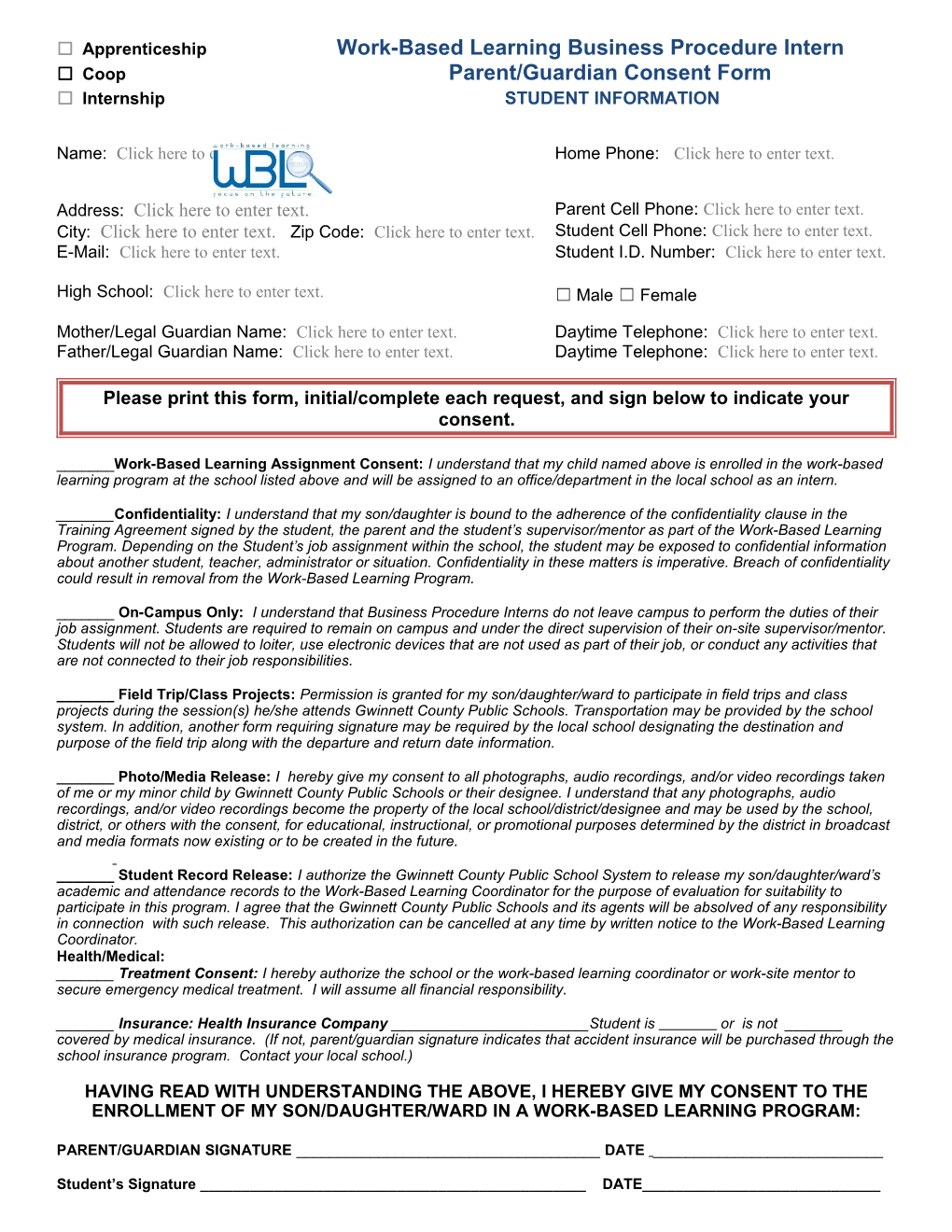 __ Marketing Work-Based Learning Program Parent/Guardian Consent Form