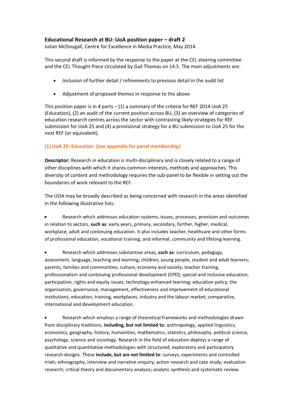 Educational Research at BU: Uoa Position Paper Draft 2