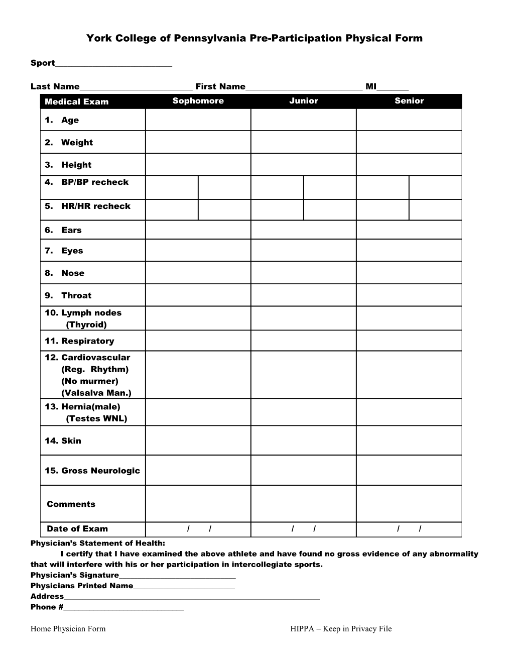 York College of Pennsylvania Pre-Participation Physical Form
