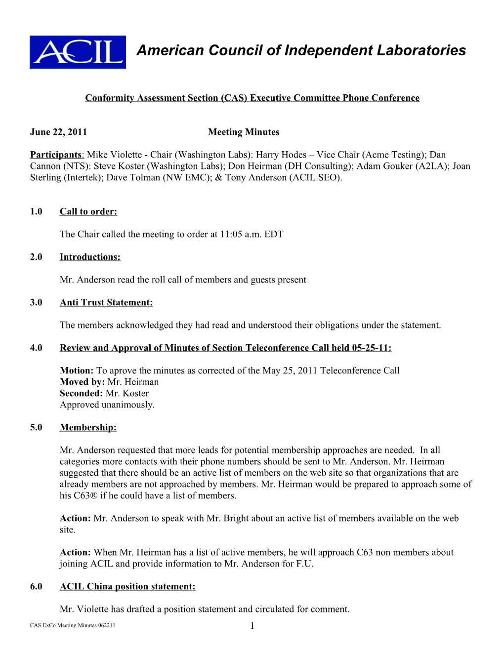 Conformity Assessment Section (CAS) Executive Committee Phone Conference