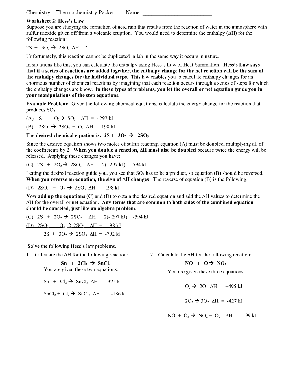 Chemistry Thermochemistry Packet Name: ______