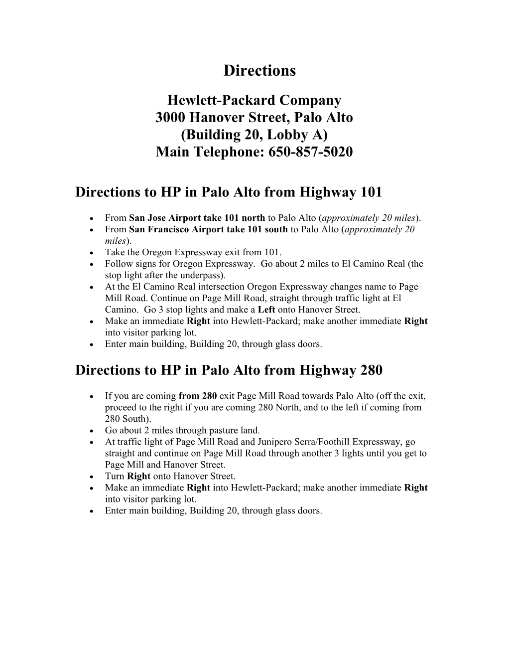 Directions to HP in Palo Alto from Highway 101