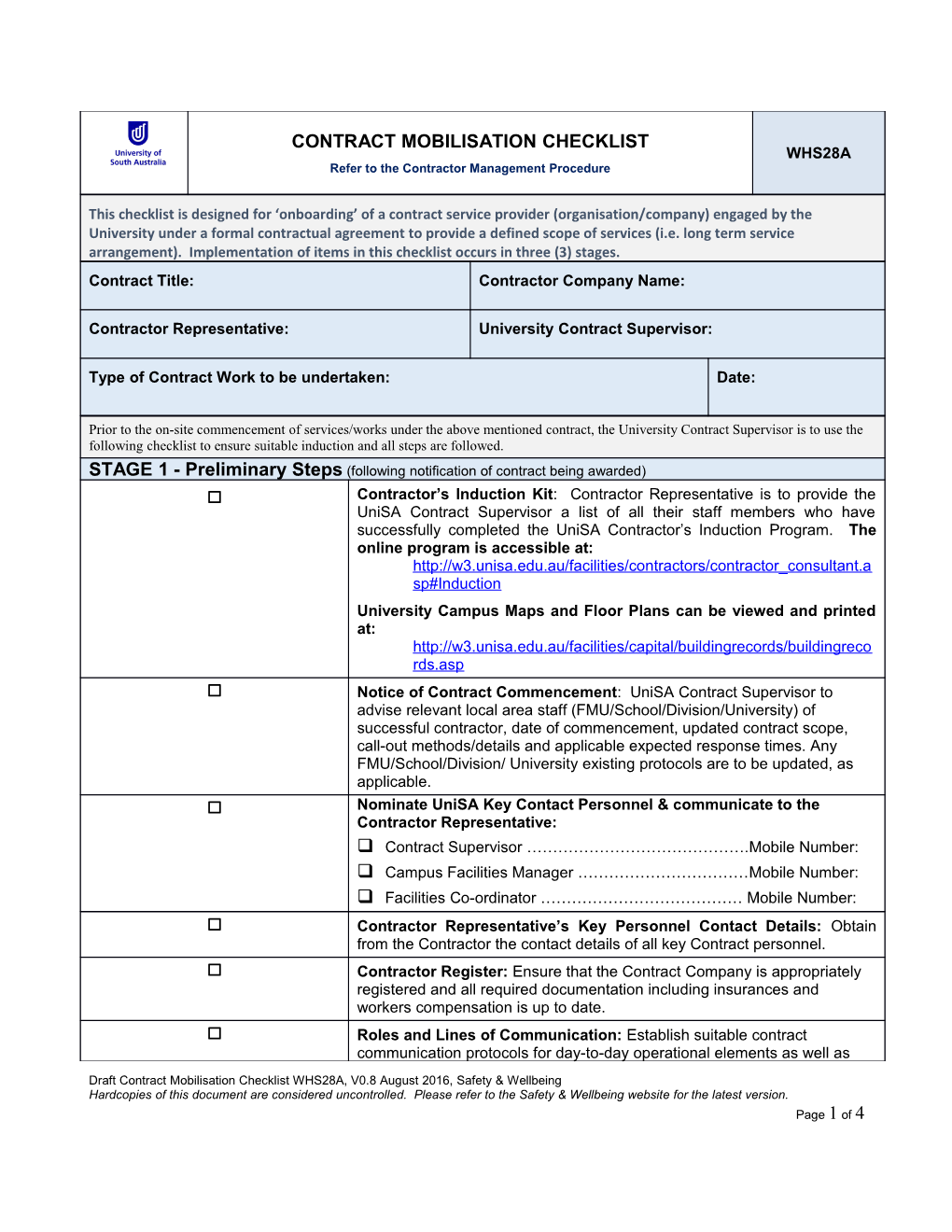 Draft Contract Mobilisation Checklist WHS28A, V0.8 August 2016, Safety & Wellbeing