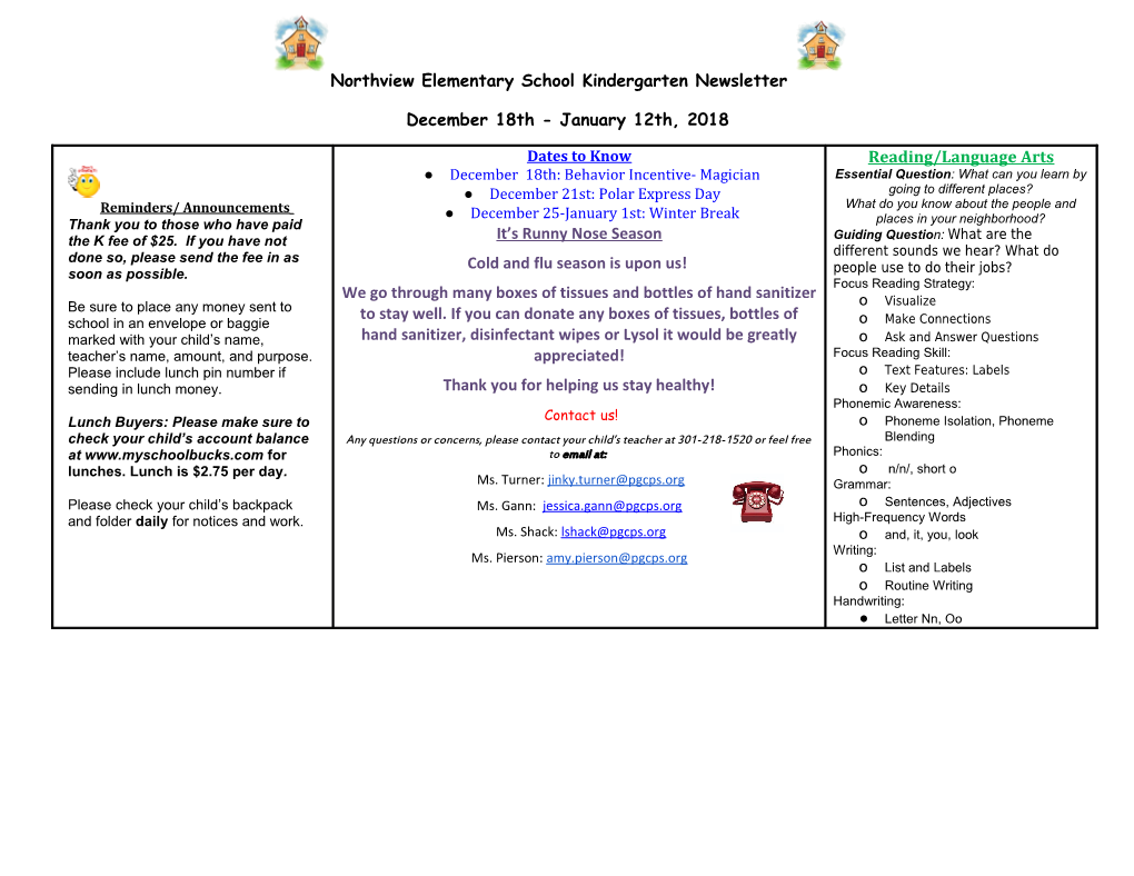 Northview Elementary School Kindergarten Newsletter