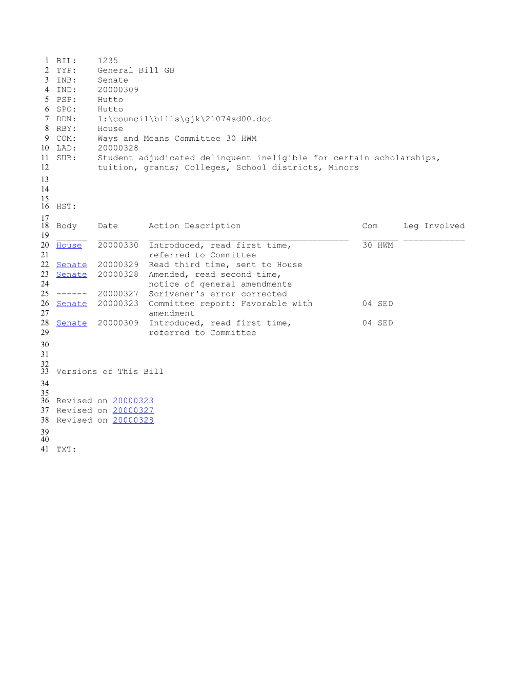 1999-2000 Bill 1235: Student Adjudicated Delinquent Ineligible for Certain Scholarships