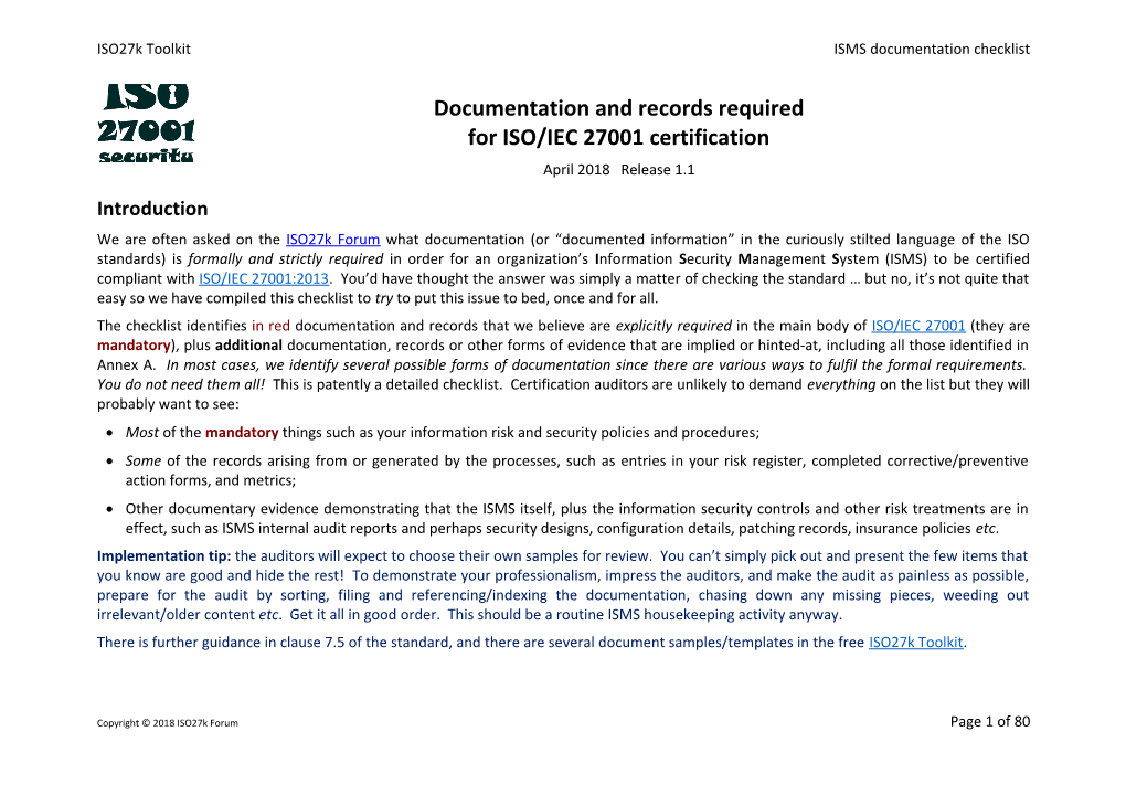 Iso27k ISMS Mandatory Documentation Checklists