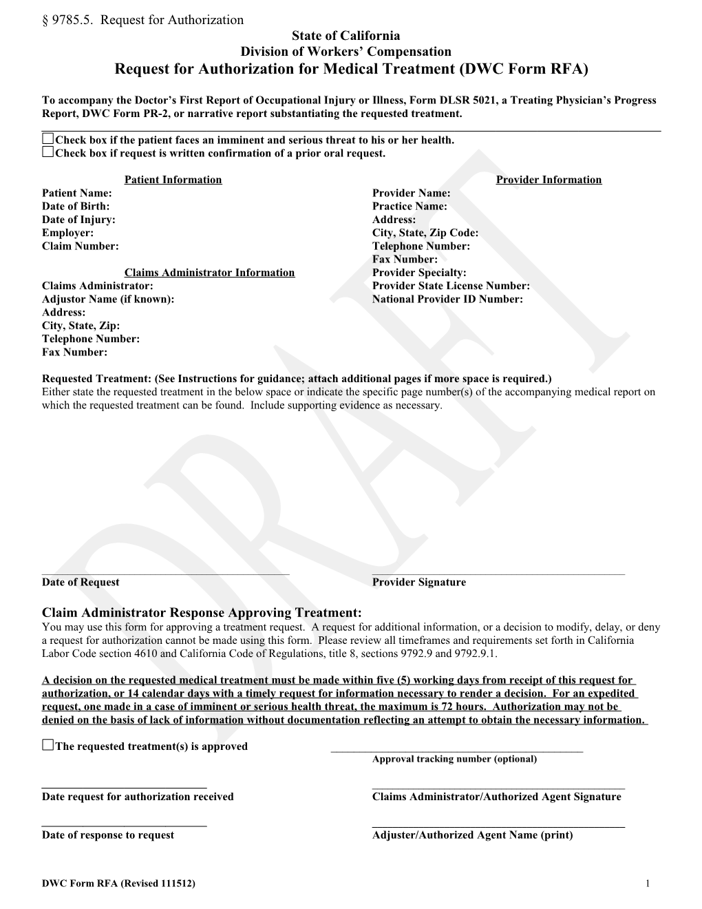 Request for Authorization for Medical Treatment (DWC Form RFA)