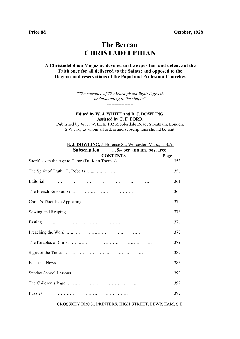 A Christadelphian Magazine Devoted to the Exposition and Defence of The s1