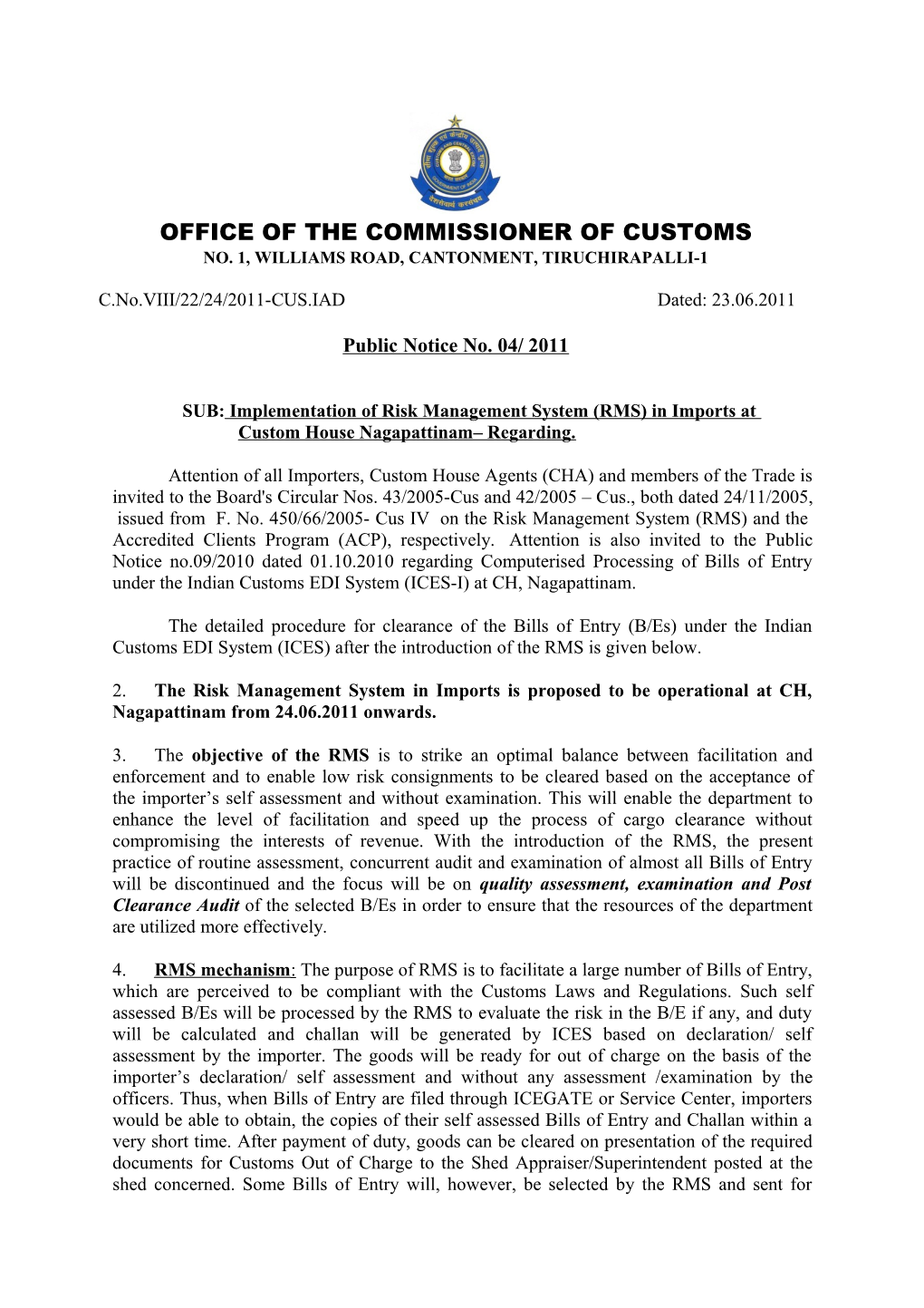 Office of the Commissioner of Customs (Imports)