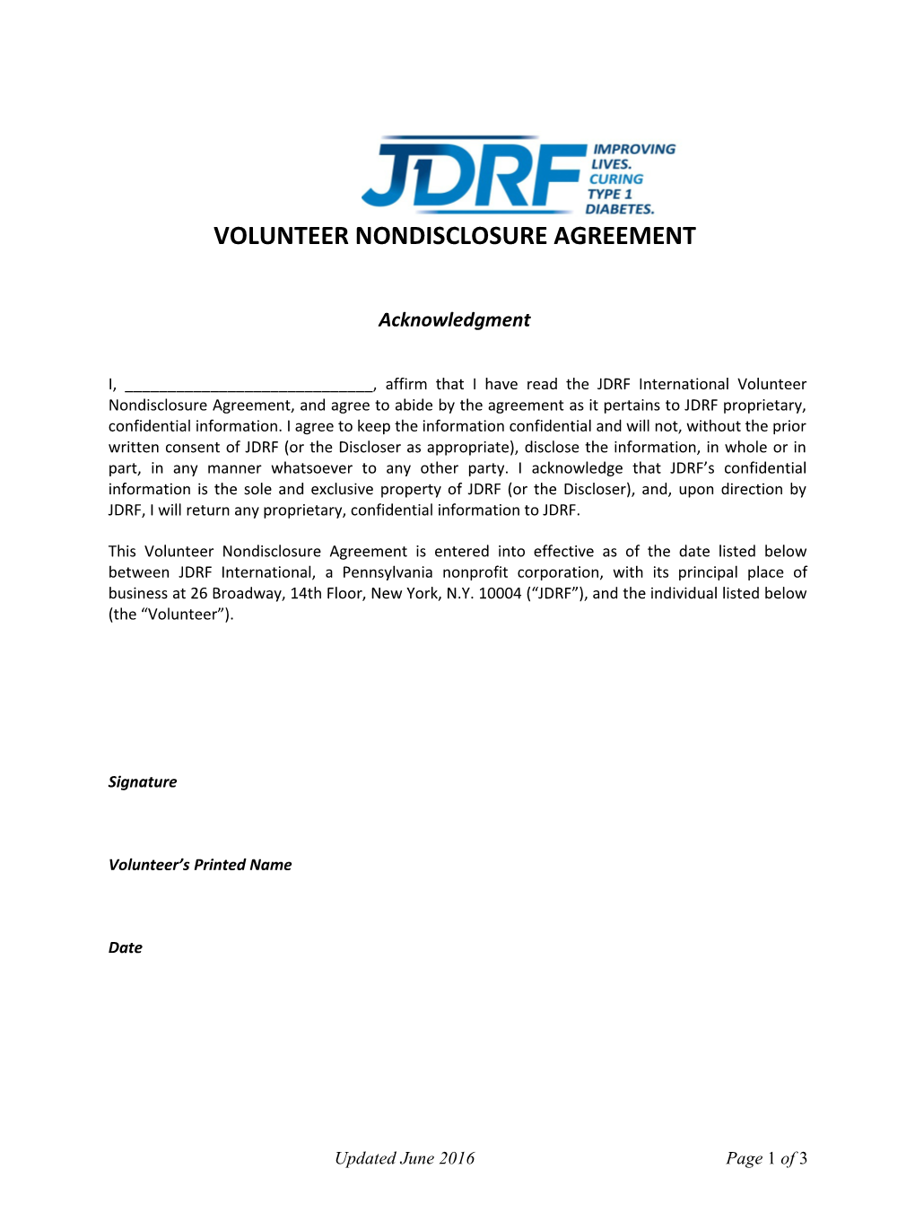 Volunteer Nondisclosure Agreement