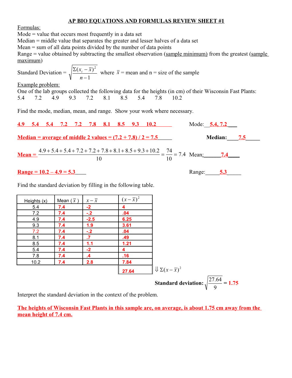 Ap Bio Equations and Formulas Review Sheet #1