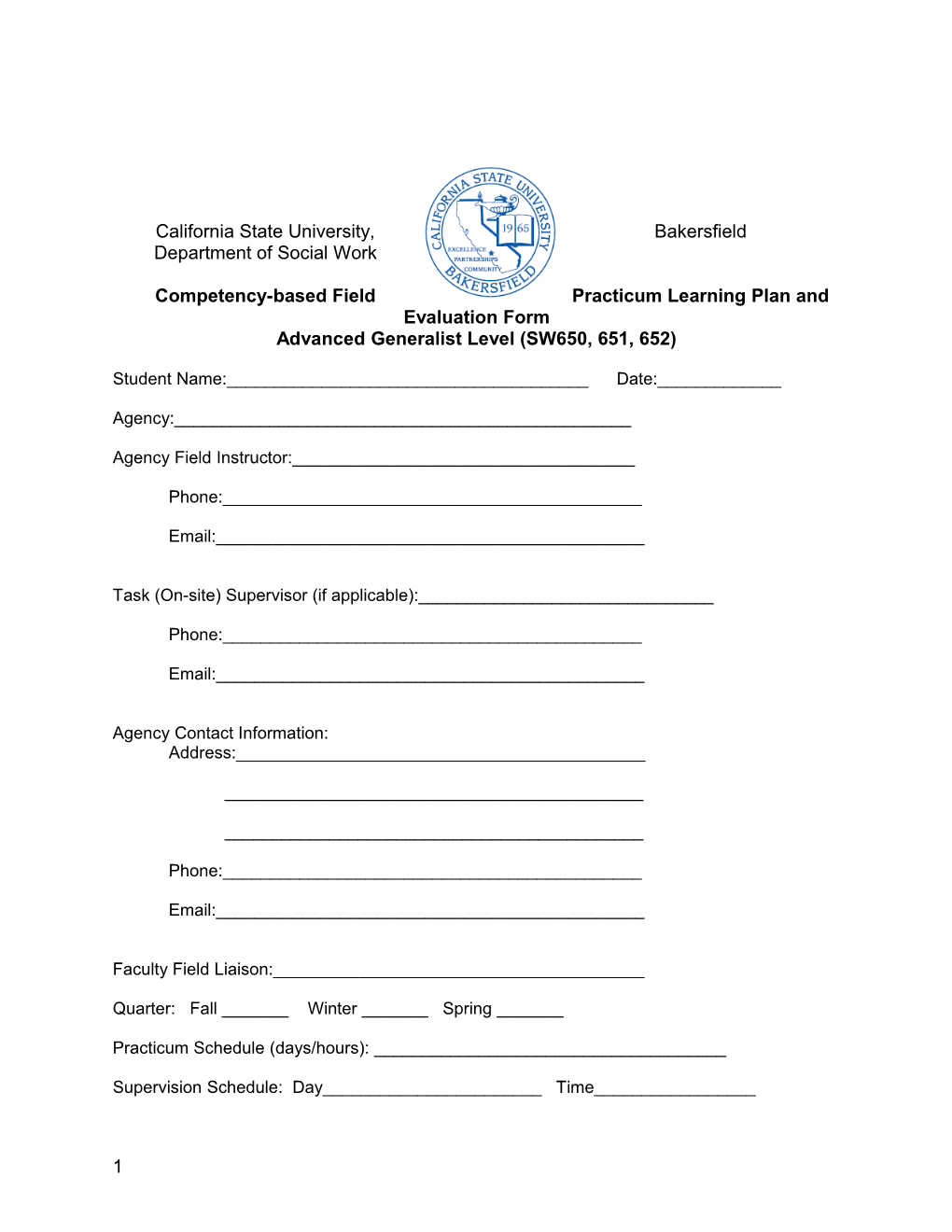 Competency-Based Field Practicum Learning Plan and Evaluation Form
