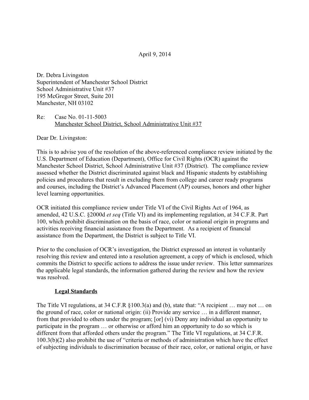 Resolution Letter: Manchester Public Schools, New Hampshire: Compliance Review #01-11-5003