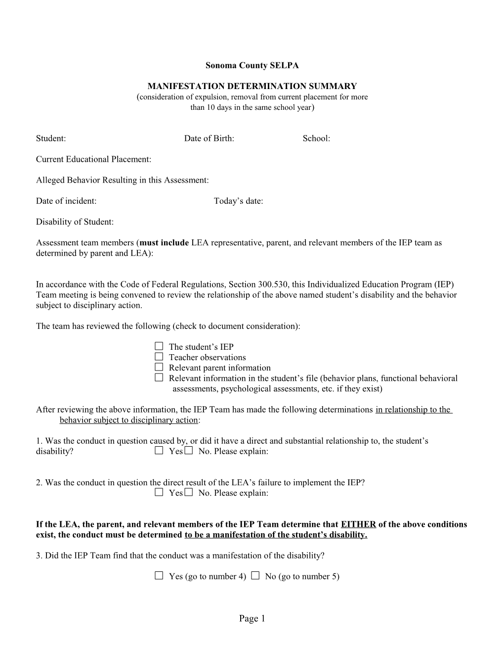 Manifestation Determination Assessment Summary