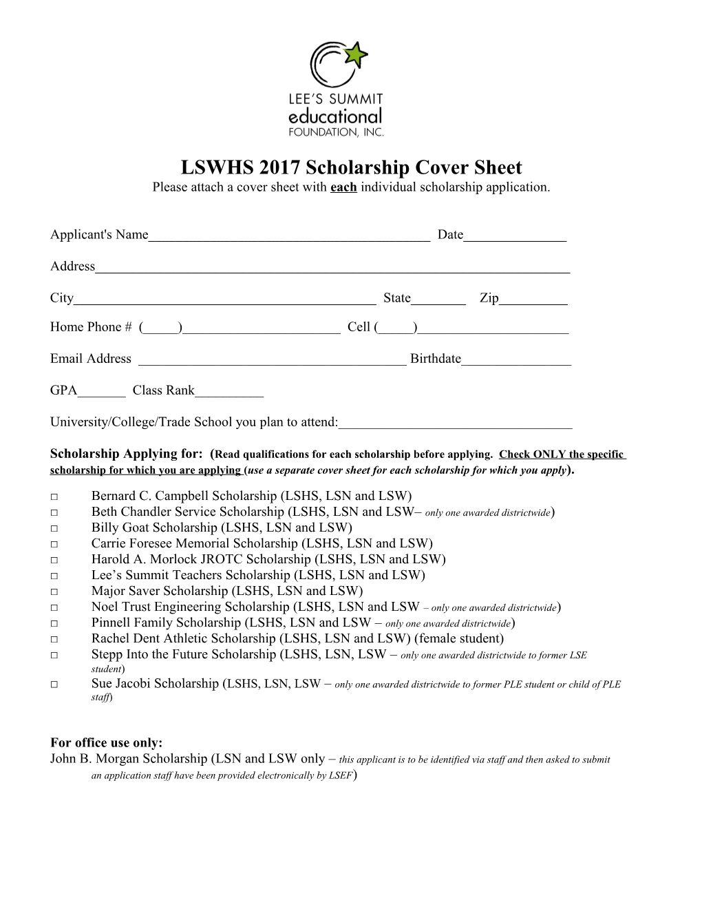LSWHS 2017 Scholarship Cover Sheet s1