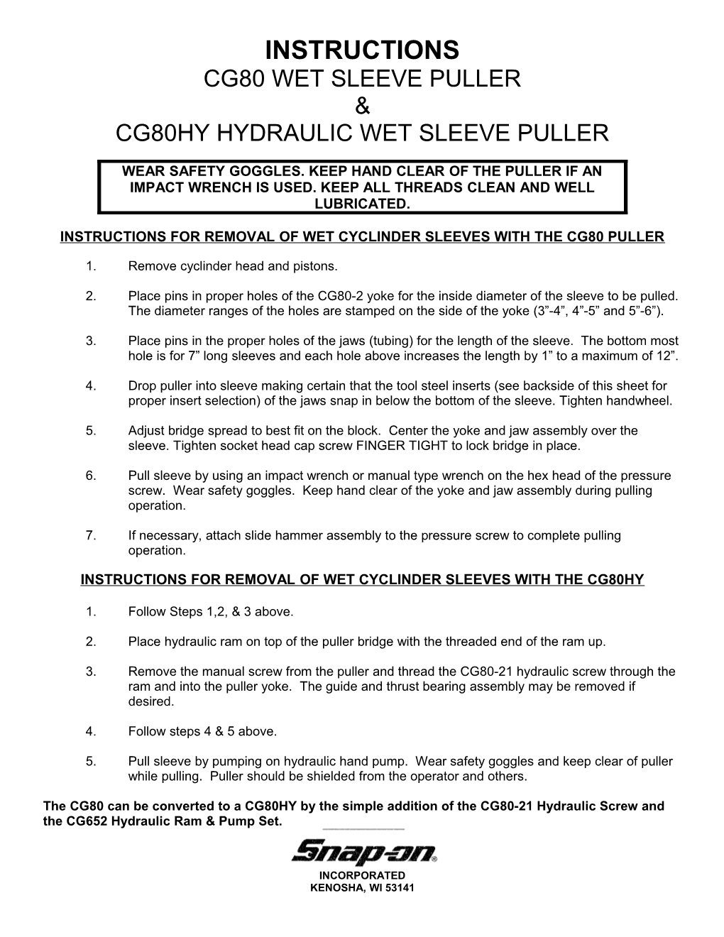 Instructions for Removal of Wet Cyclinder Sleeves with the Cg80 Puller