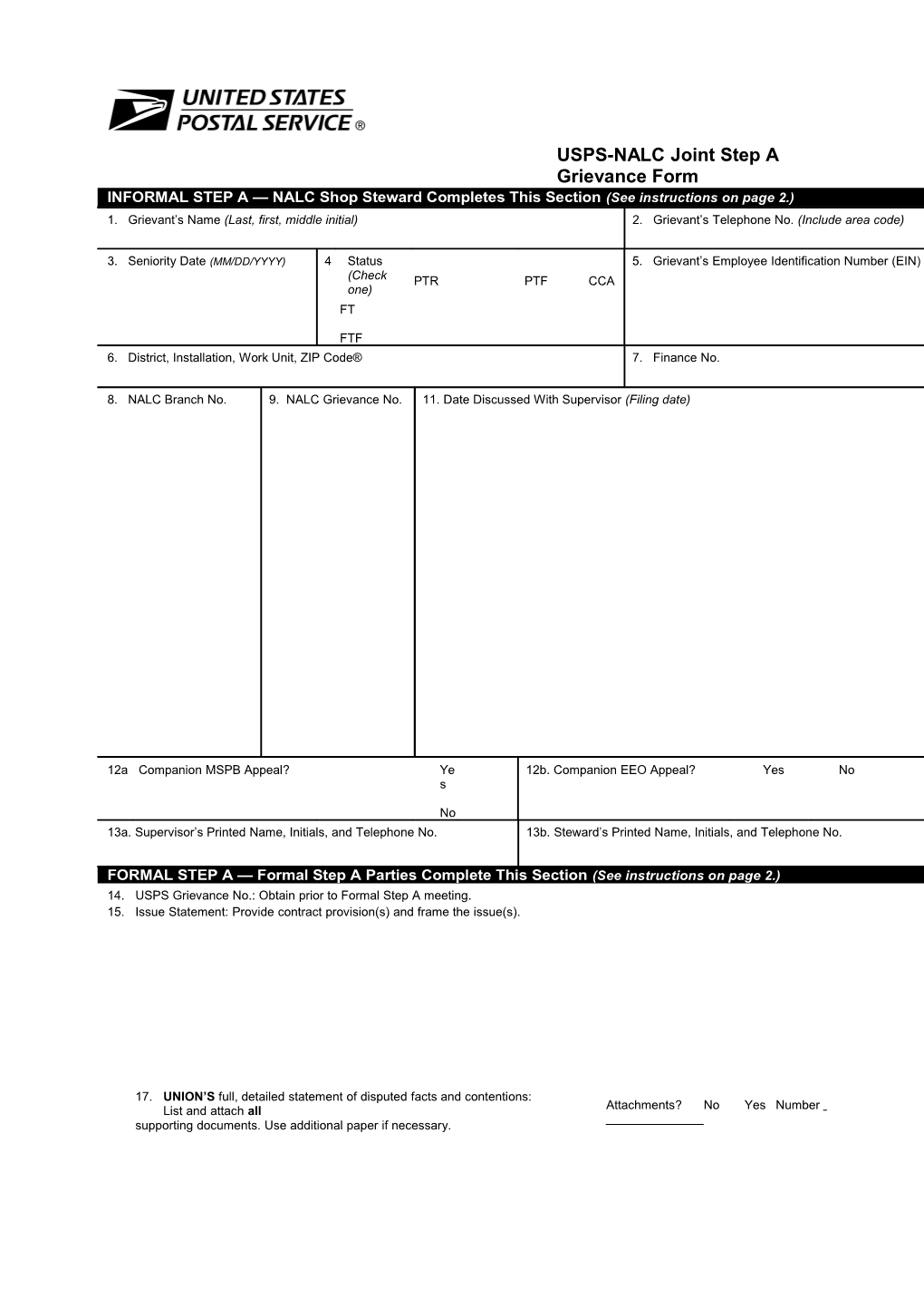 USPS-NALC Joint Step a Grievance Form s1