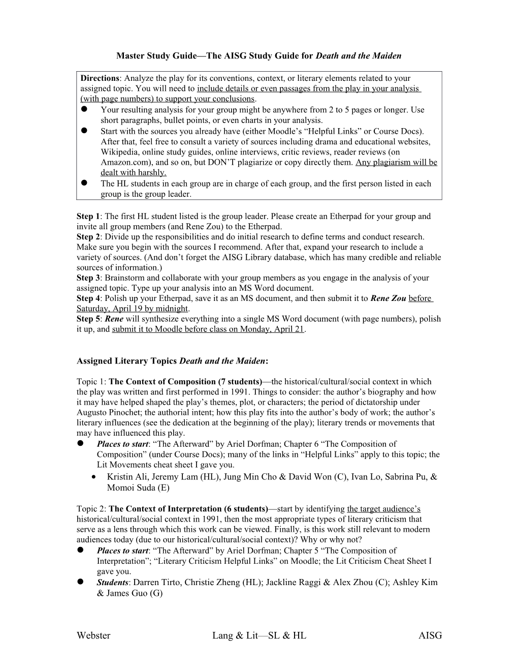 Master Study Guide the AISG Study Guide for Death and the Maiden