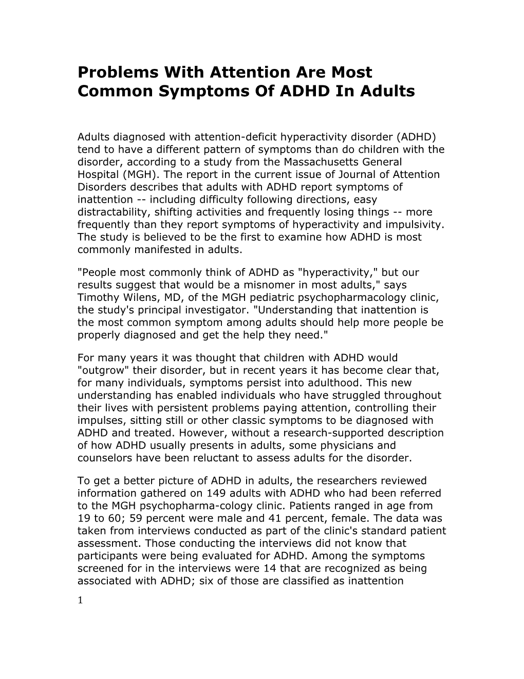 Problems with Attention Are Most Common Symptoms of ADHD in Adults