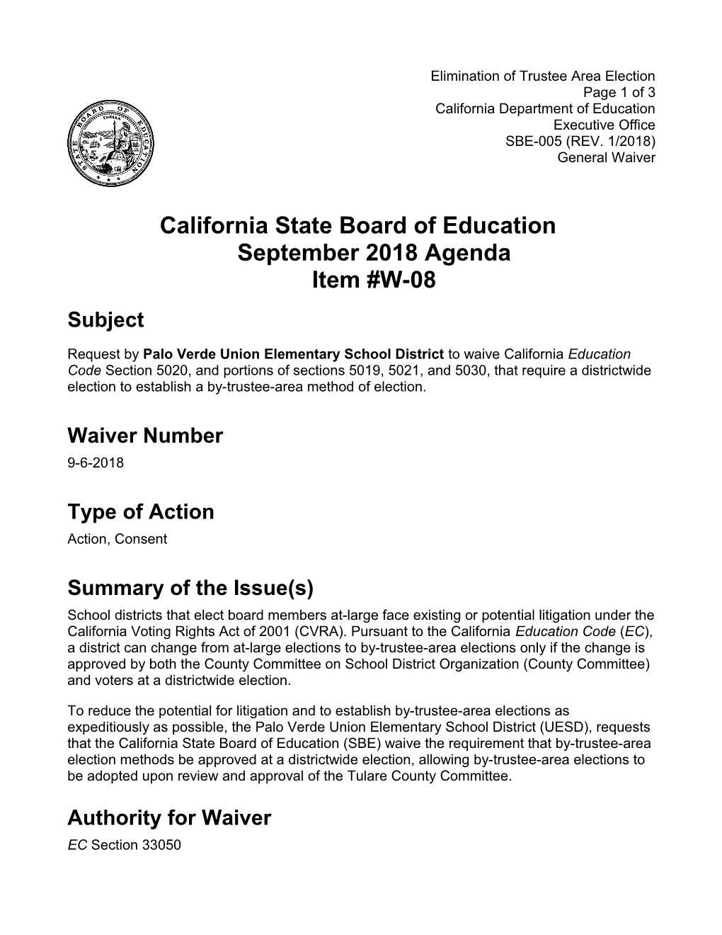 September 2018 Waiver Item W-08 - Meeting Agendas (CA State Board of Education)