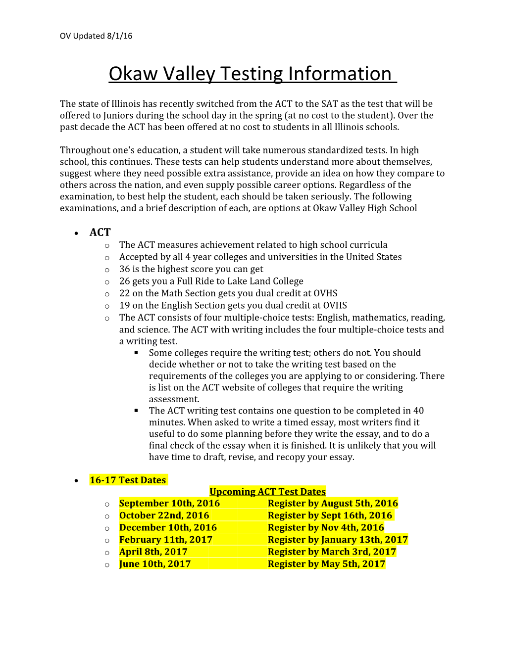 Okaw Valley Testing Information