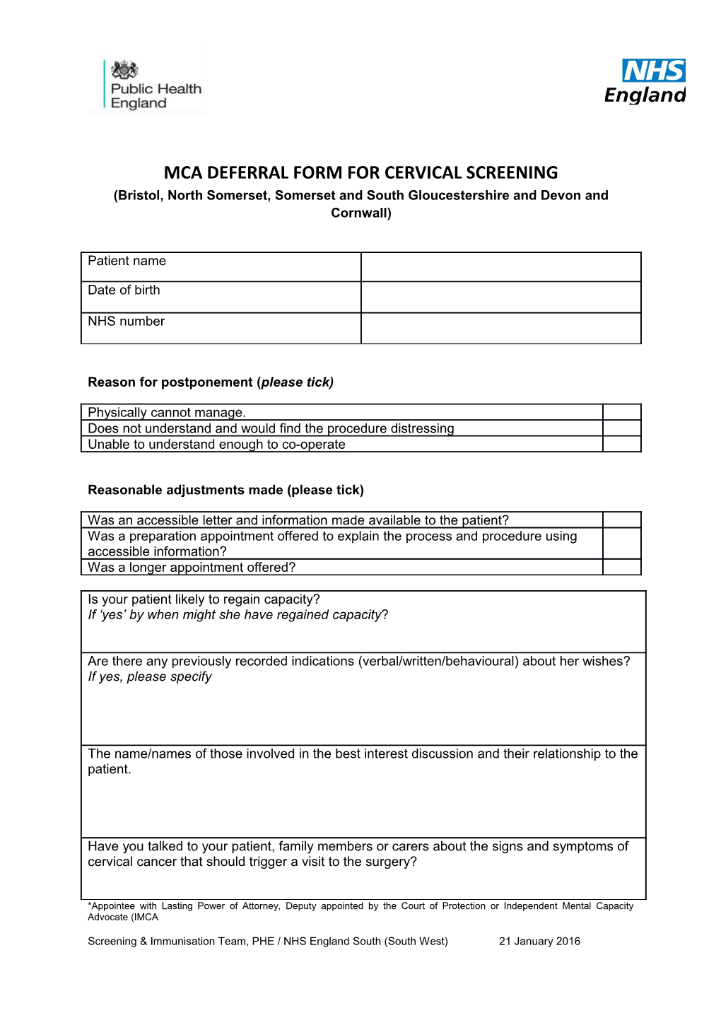 Mca Deferral Form for Cervical Screening