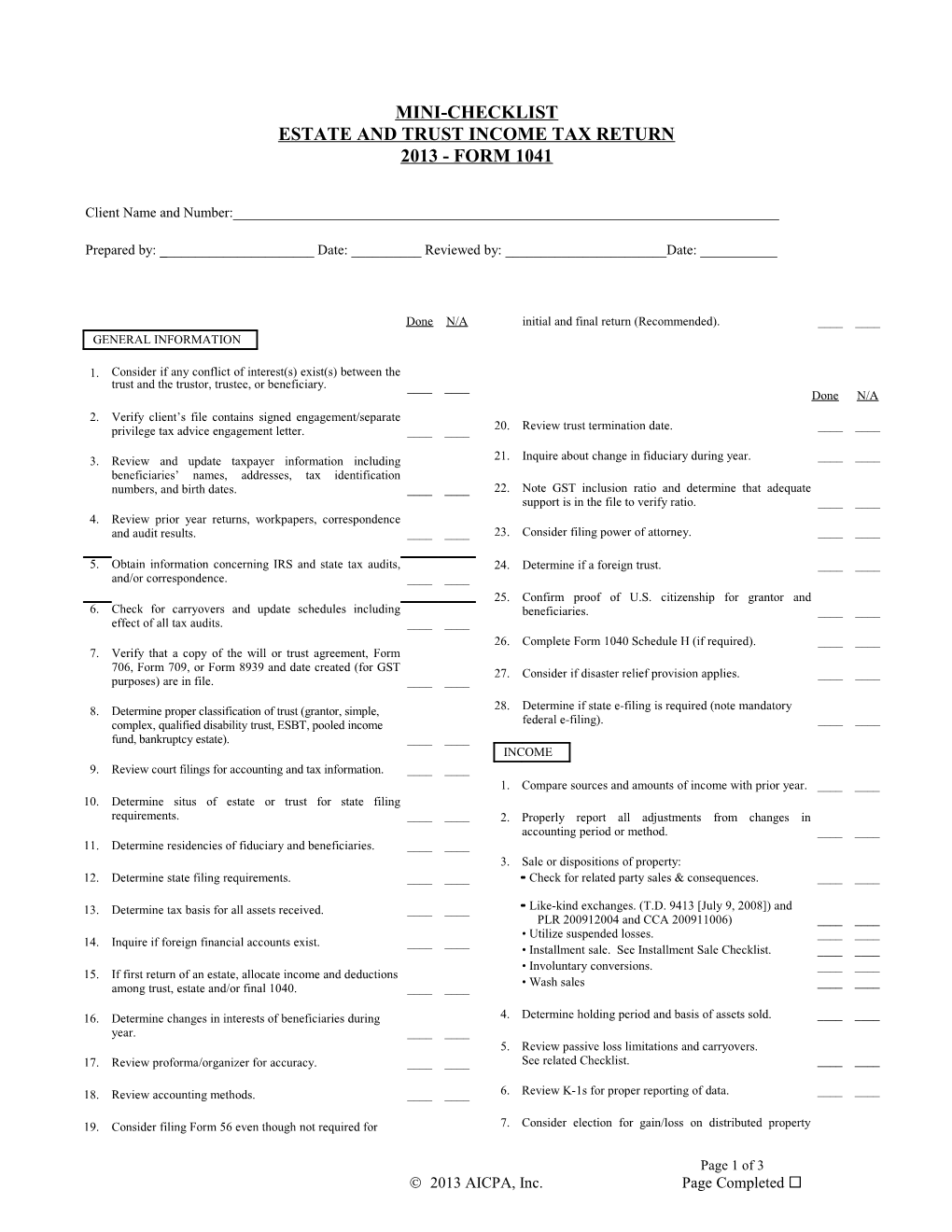 Form 1041, Income Tax Return for Trusts and Estates Mini Checklist