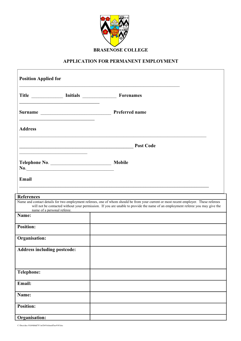 Application for Permanent Employment
