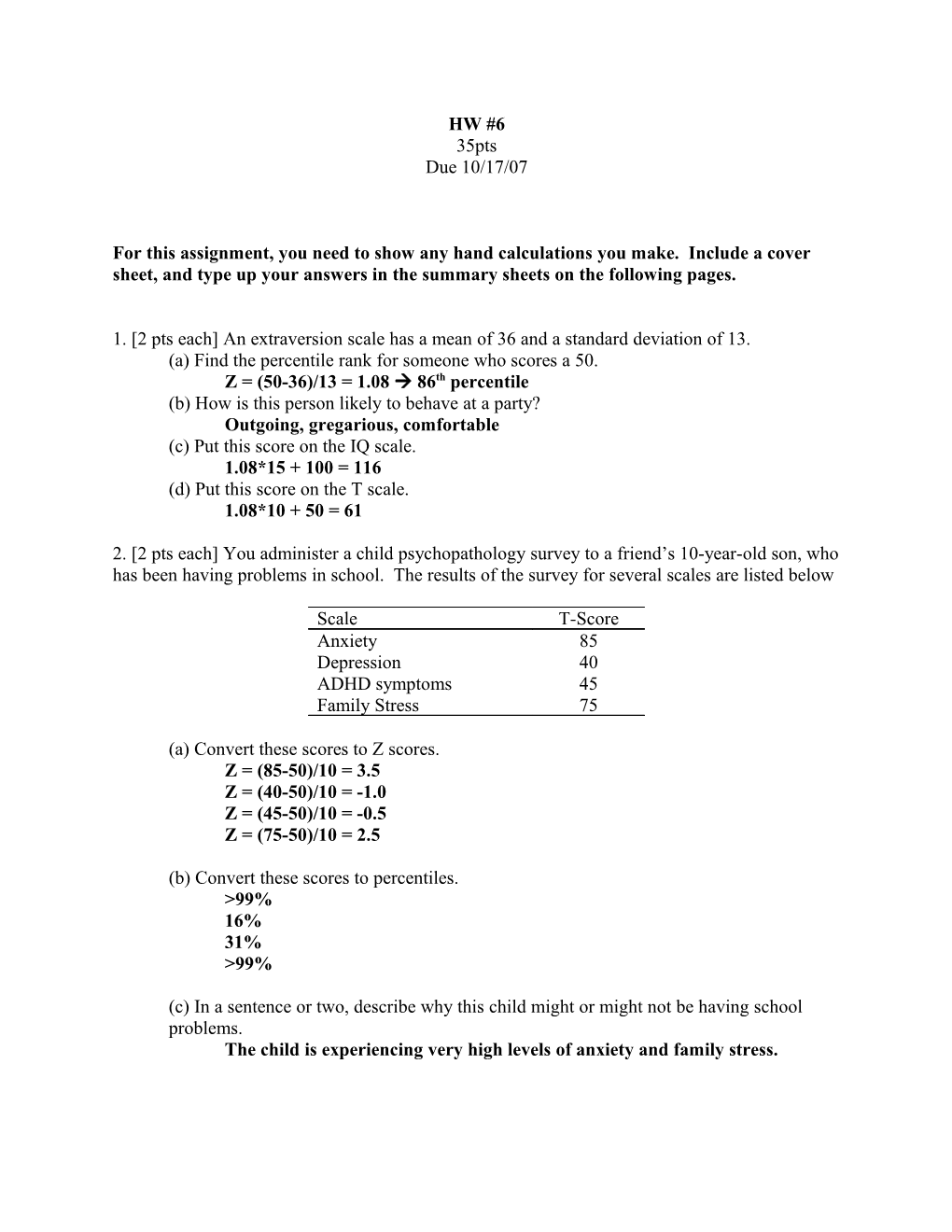 1. 2 Pts Each an Extraversion Scale Has a Mean of 36 and a Standard Deviation of 13